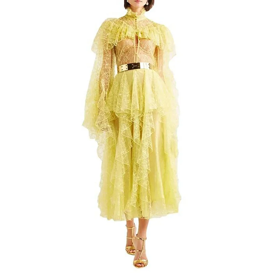 

2019 Summer Palace Style 2 Piece Outfits for Women Perspective Lace Turtleneck Ruffles Top High Waist Skirt Two Piece Sexy Sets