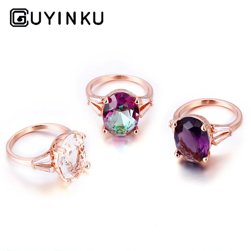 

GUYINKU Oval Rose Gold Rings Created AAA+ CZ Purpal Rainbow Stone Rings For Women Engagement Rings Party Gift Fashion Jewelry