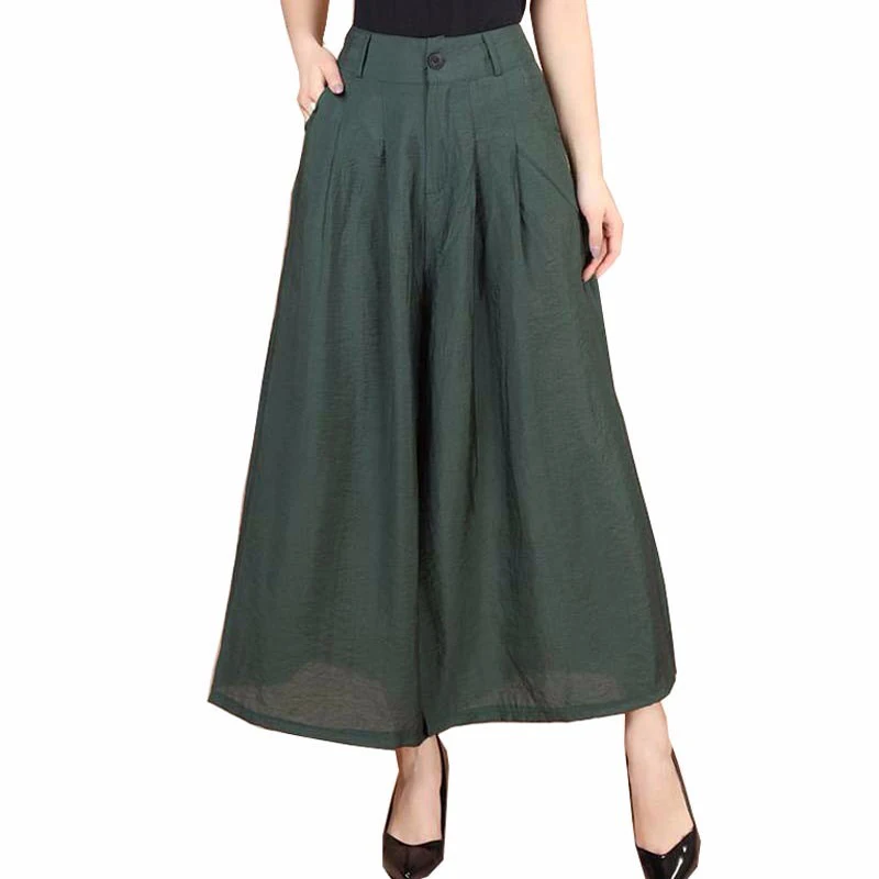 

High Quality Summer fashion Women solid Wide Leg Loose cotton Dress Pants Female Casual Skirt Trousers Capris Culottes