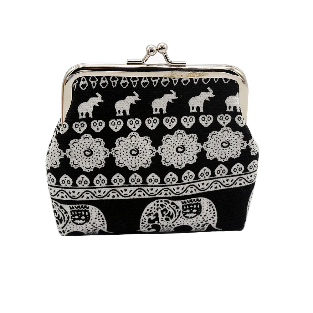 Women's Elephant Print Coin Purses Fashion Polyester Canvas Button Hasp Animal Prints Flap Mini Wallets Day Clutches