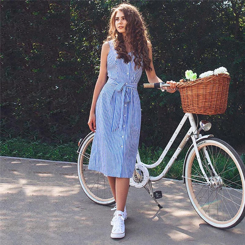 

Hot Blue Striped Dress Women Bow Bandage Sexy Summer Off Shoulder Women Party Dresses Single-Breasted Midi Elegant Shirt Dress