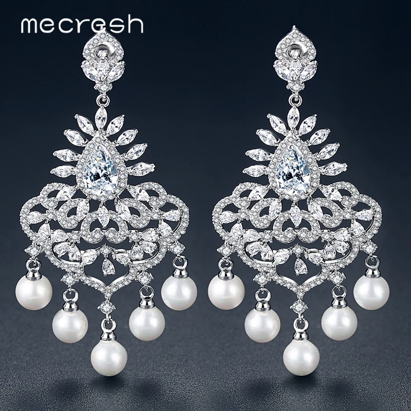 

Mecresh Luxury Simulated Pearl Women Chandelier Dangle Earrings Cute Clear AAA+ CZ Statement Wedding Party Bride Earrings EH1047