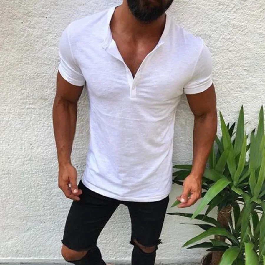 Мужская облегающая футболка с v-образным вырезом и коротким рукавом, повседневные топы, футболки Хенли, одноцветная модная футболка с кнопками, мужская новая модная одежда - Цвет: Белый