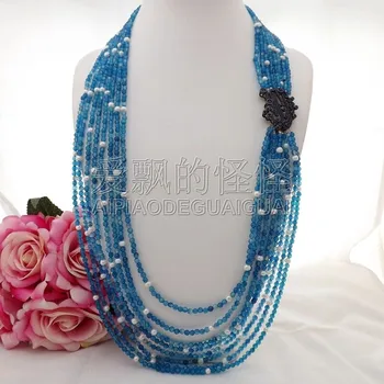

N101902 28"-34" 8 Strands Faceted Blue White Pearl CZ Necklace