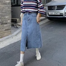 Новинка осени, Женская длинная джинсовая юбка, прямые джинсовые юбки с высокой талией, юбка миди с разрезом