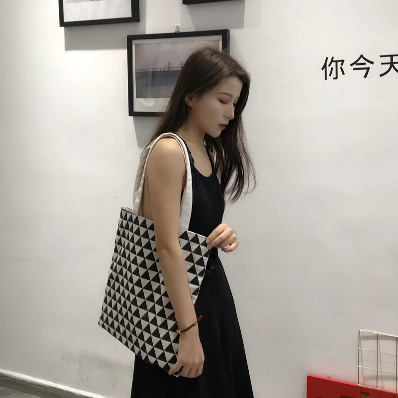 

Women Canvas Tote Ladies Casual Plaid Shoulder Bag Foldable Shopping Bags Beach Bag Cotton Cloth Female Handbag