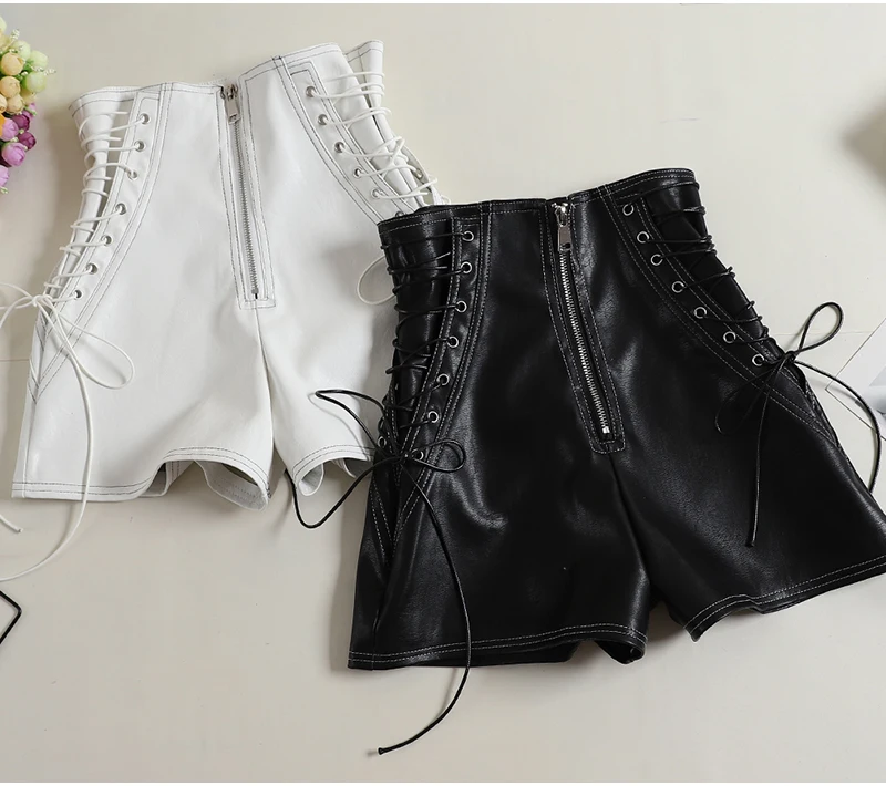 Плиссированные Женские шорты из искусственной кожи со шнуровкой сбоку, осень, высокая талия, передняя молния, широкие кожаные шорты для женщин