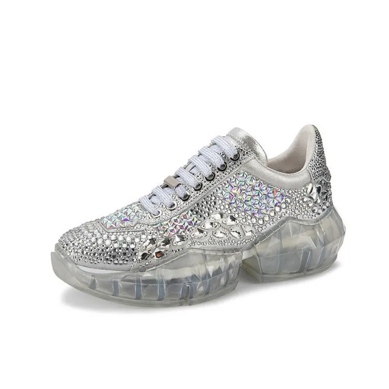 

2019 Spring Women's Height Increase 5CM Women's Outdoor Running Shoes Platform White Sports Shoes Crystal Daddy Sneakers Women