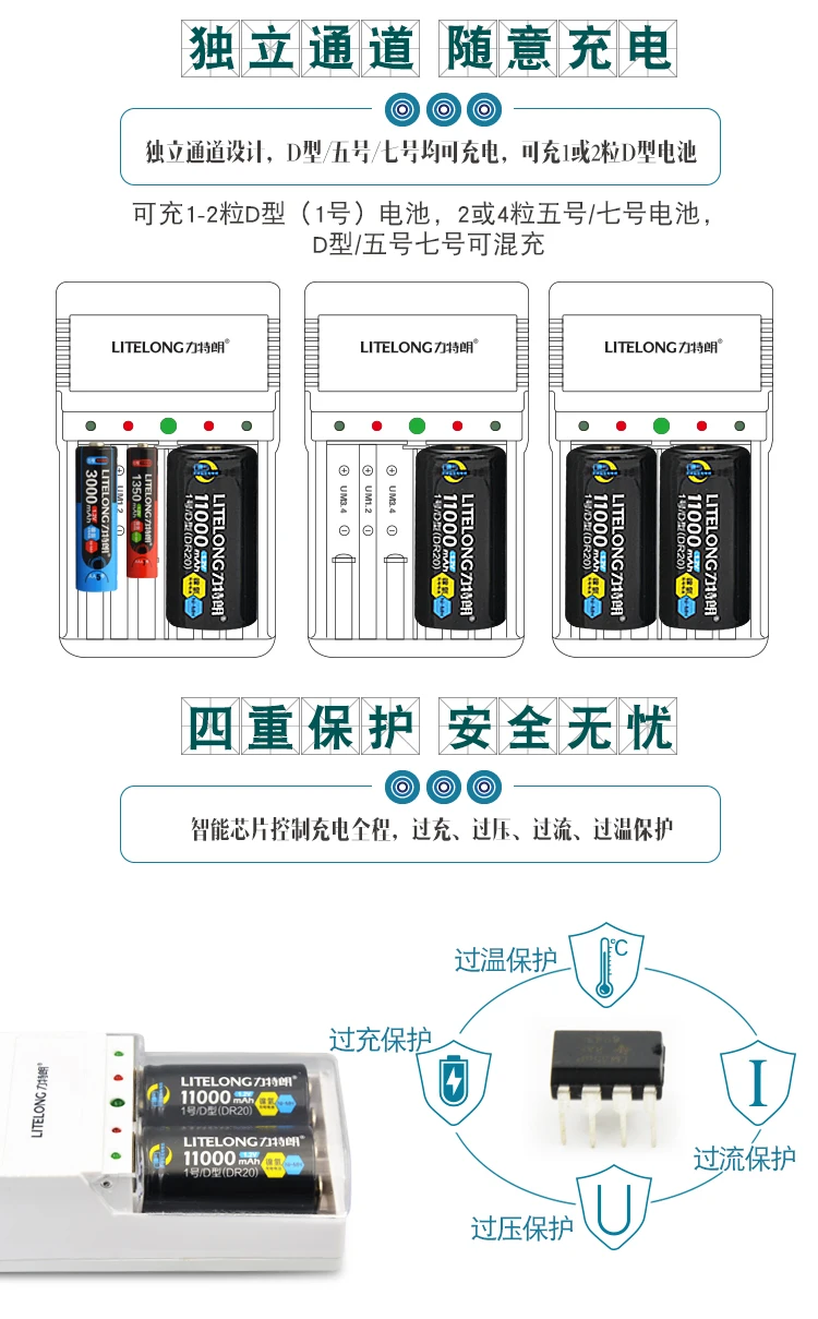 LITELONG 1 шт зарядное устройство+ 2 шт D/R20 размер аккумуляторные батареи NiMH 11000 мАч батарея с более высокими возможностями тока