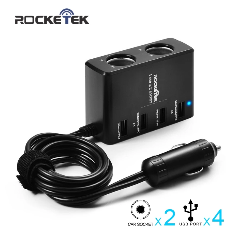 

Rocketek multi usb car charger smart IC 4 USB 6A 2 Socket Cigarette Lighter phone adapter accessories for iphone Xiaomi huawei