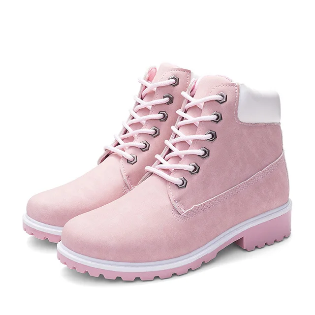 Новые женские ботильоны, зимние ботинки на шнуровке, плюшевые теплые женские ботинки, женская зимняя обувь, женская обувь, большой размер 42 - Цвет: Розовый