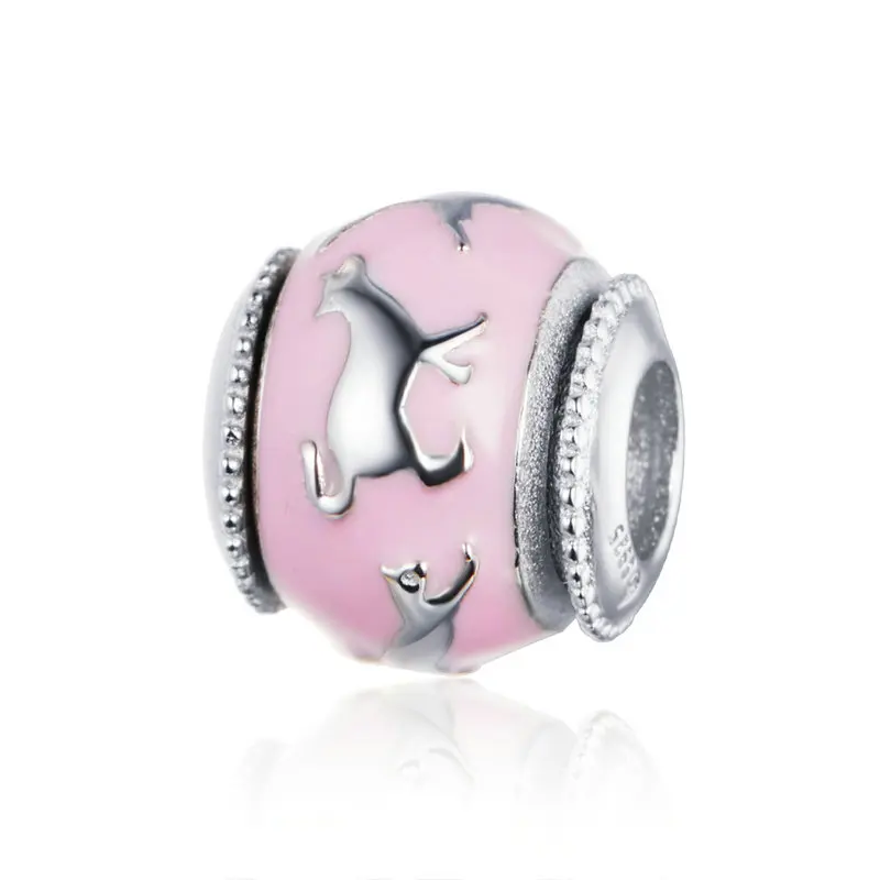 

925 Sterling Silver Charms fit Original Pandora Bracelet Bangle Stackable Cat Shadow Pink Enamel Beads for Jewelry Making