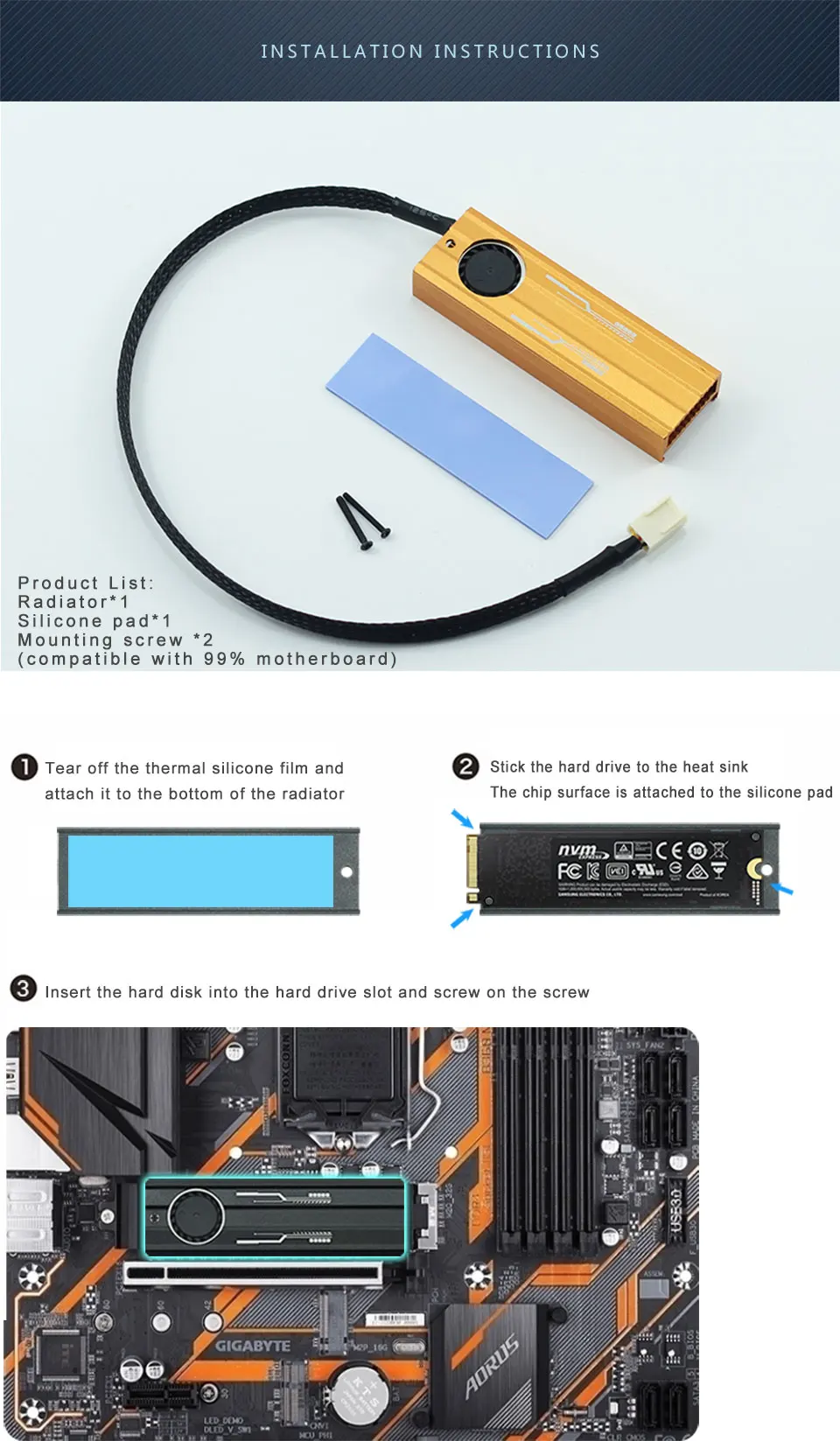 M.2 радиатор ssd алюминиевый лист теплопроводность Кремниевая пластина Вентилятор охлаждения Радиатор PCIE NVME SSD радиатор