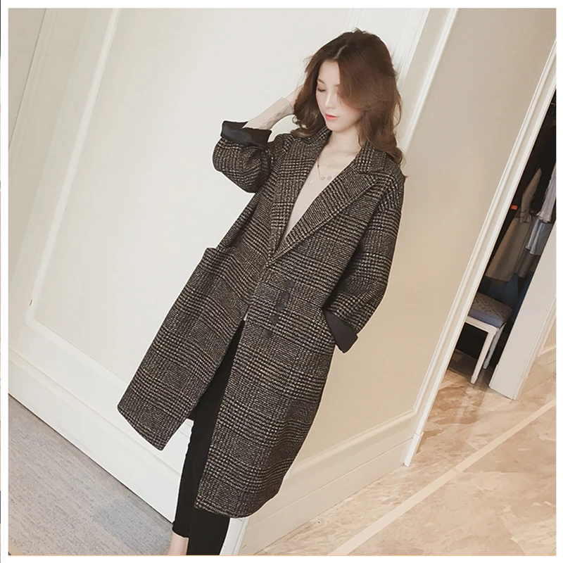 Plaid Coat Windbreaker Jacket Vintage Elegant Woolen Coat Pocket Button Wool Long Coat Ropa De Invierno Para Mujer 2018