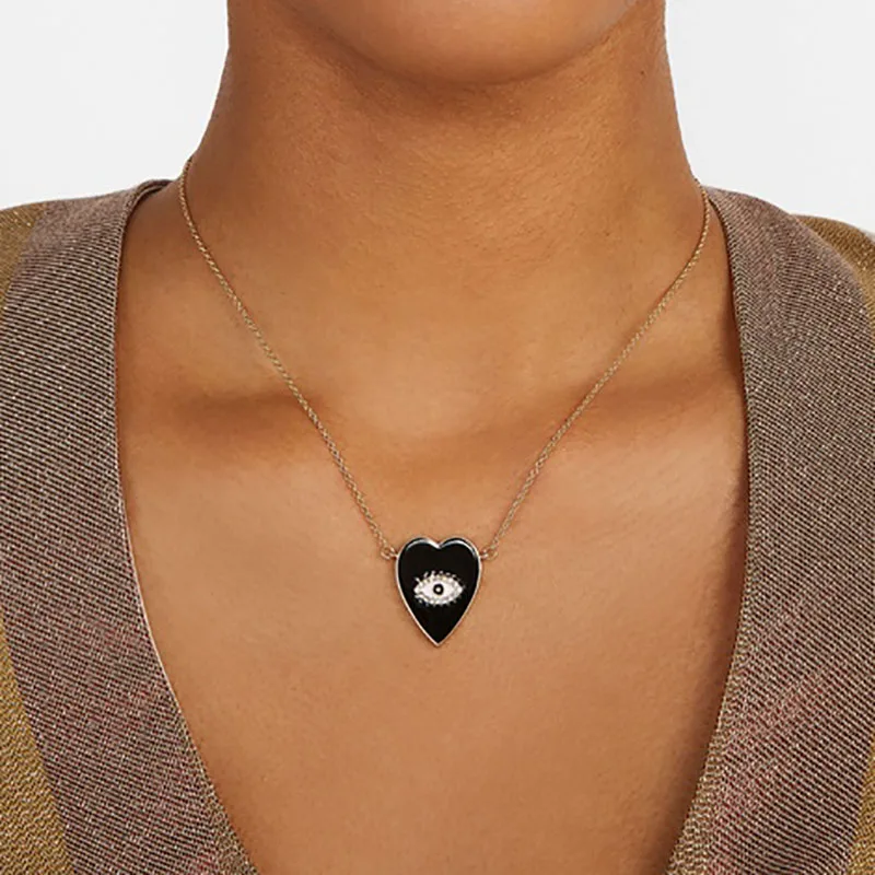 

Best lady New Fashion Black Heart Pendants White Eyes Statement Necklace for Women Girls Wedding Party Jewelry Collar Chokers