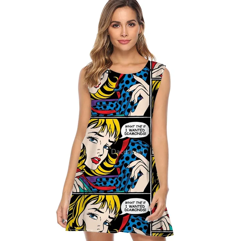

Pop Art 'What the !!! I wanted Diamond Summer Dress Women Print Chiffon Dress Sleeveless Style mini Dress Sundress Casual dress