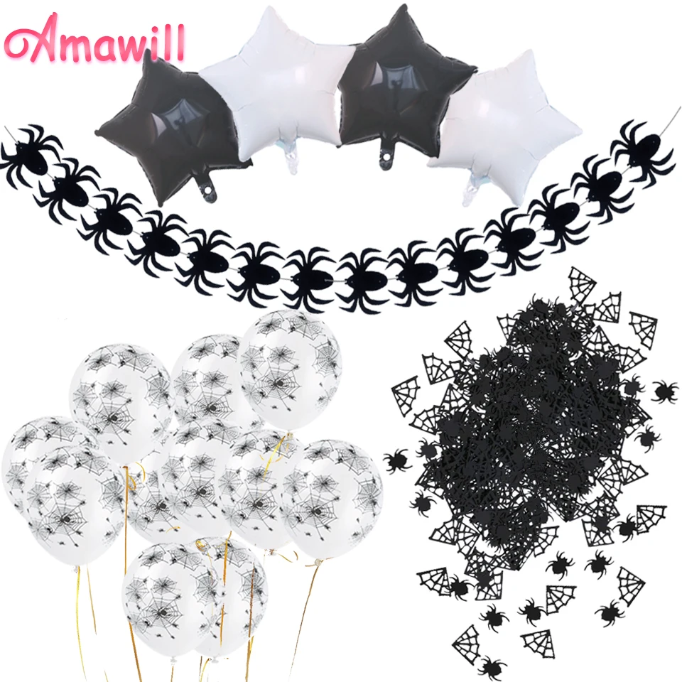 

Amawill Halloween Decoration Kit Cobweb Latex Balloons Spider Garland Black Confetti Star Foil Ballon Horror Party Supplies 8D