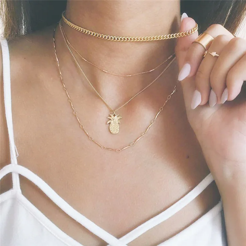 

BOAKO Minimalist Pineapple Pendant Necklace for Women Elegant Gold Color Multi Layered Bead Chain Collar Necklace Jewelry X7-M2