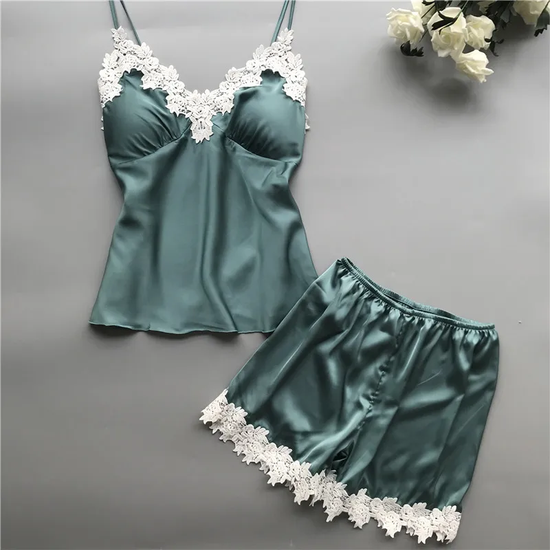 

2019 Summer Women Pajamas Sets with Shorts Sexy Lace Pijama Sleeveless Satin Sleepwear Nightwear with Chest Pads Silk Pyjamas