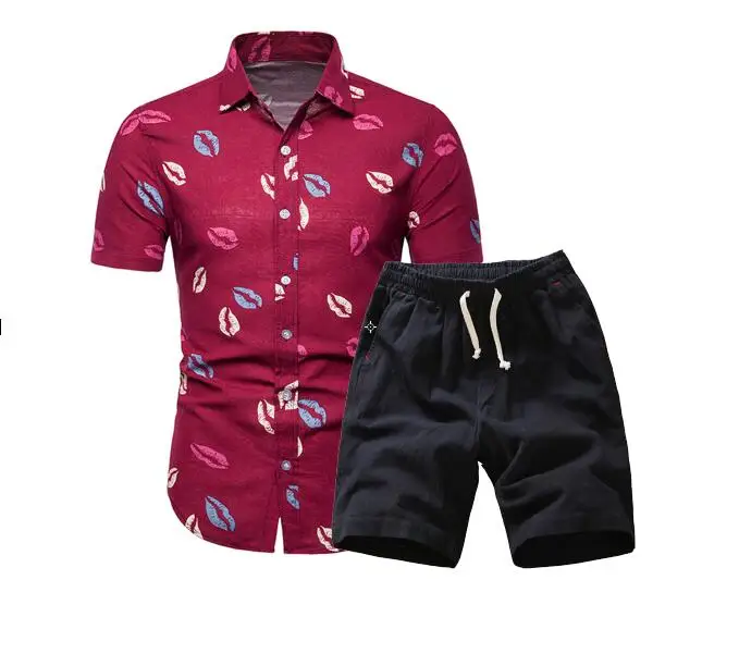 

Men Hawaii Holiday Summer Floral Blouse Shirt Top Suit Sets Black Pants 2PC 6 Colors