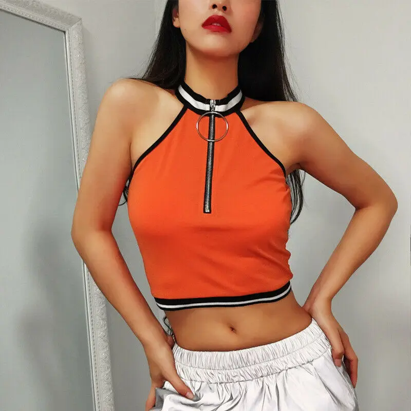 

2019 Newest Women Slimmer Fitting Hot Summer Crop Tank Tops Casual Halter Fashion Zipper Unique Design Short Top Tanks Cami S-L