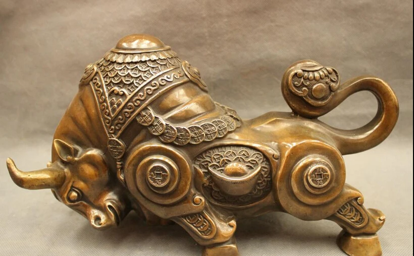 

003053 13" Chinese Year Zodiac Bronze Copper Wealth Coin RuYi Fighting Bull Ox Statue