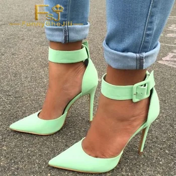 

Mint Green Big Buckle Ankle Strap Pencil Heels Pointy Toe Stiletto Heels Pumps Spring Autumn Cyber Monday Shoes Woman 16 FSJ