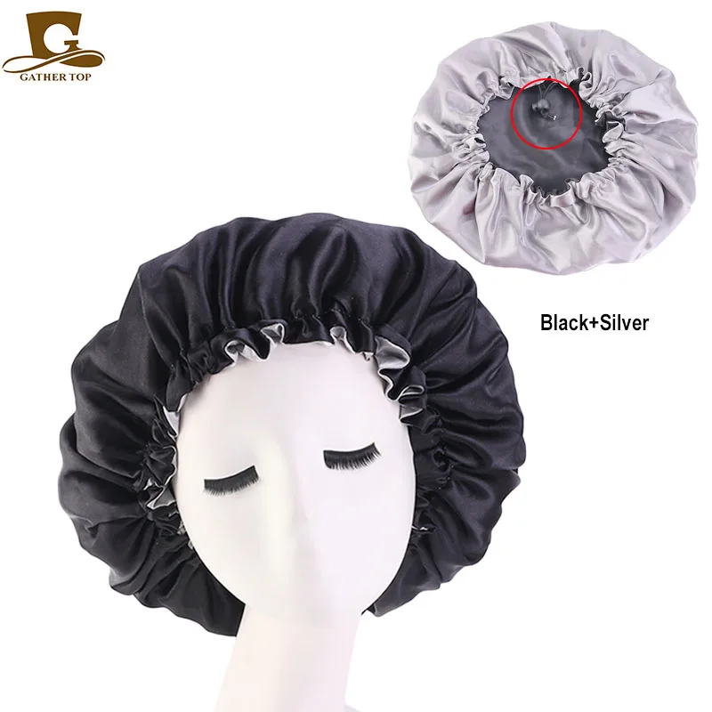 New Reversible Satin Bonnet double layer adjustable size Sleep Night Cap Head Cover Bonnet Hat for For Curly Springy Hair Black ladies head wraps Hair Accessories