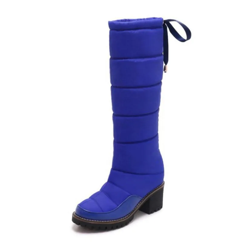 KemeKiss/женские зимние сапоги до колена; теплая хлопковая обувь для женщин; ботинки на толстом каблуке с Плюшевым Мехом; обувь на платформе со шнуровкой; размеры 34-42 - Цвет: Синий