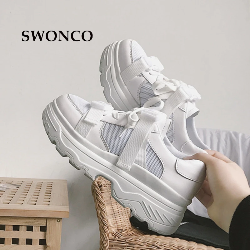 

SWONCO Women's Vulcanize Shoes 2018 Spring Breathable Mesh Leather Ladies Sneakers Women Shoes High Heel Platform Tenis Feminino