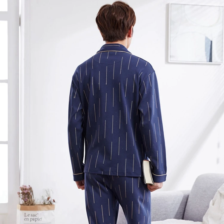 Повседневное кардиган в полоску Домашняя одежда 100% хлопковые пижамы наборы для Для мужчин 2018 осень-зима с длинным рукавом пижамы мужской