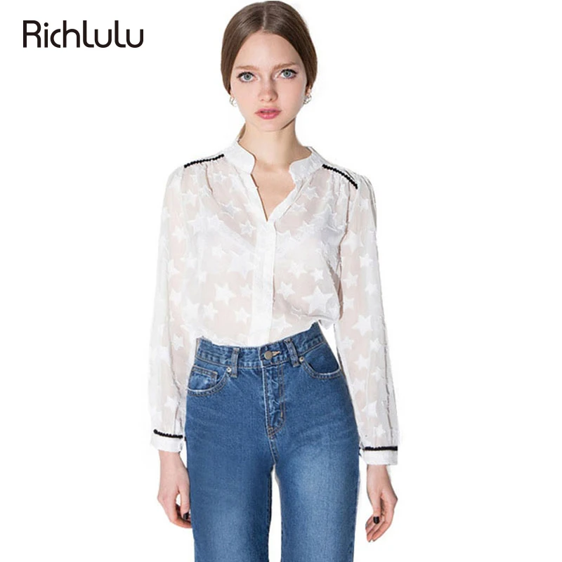 RichLuLu Solid White Sheer Women Blouses Star Print Half Open Collar Long Sleeve Shirt Cute