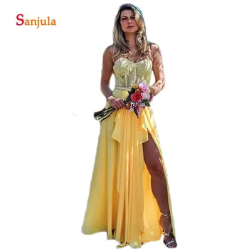 

Yellow Chiffon and Lace Bridesmaid Dresses Long Sweetheart A-Line Junior Maid of Honor Dresses Leg Slit Prom Party Dresses D304