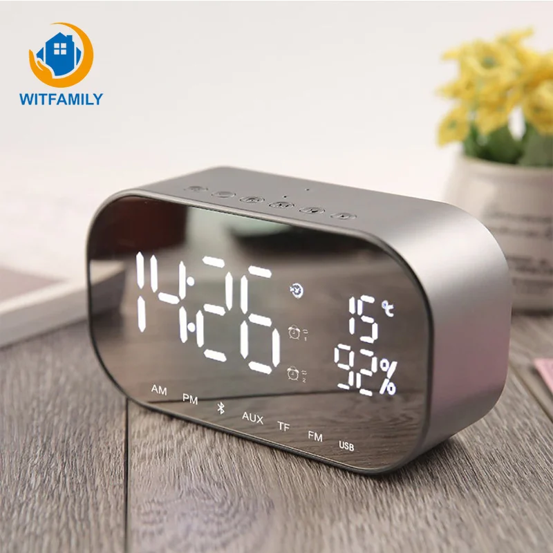 

FM radio temperature Alarm Clock with Wireless Bluetooth USB charge Speakers Home Mini AUX TF LED Digital Table electric clock