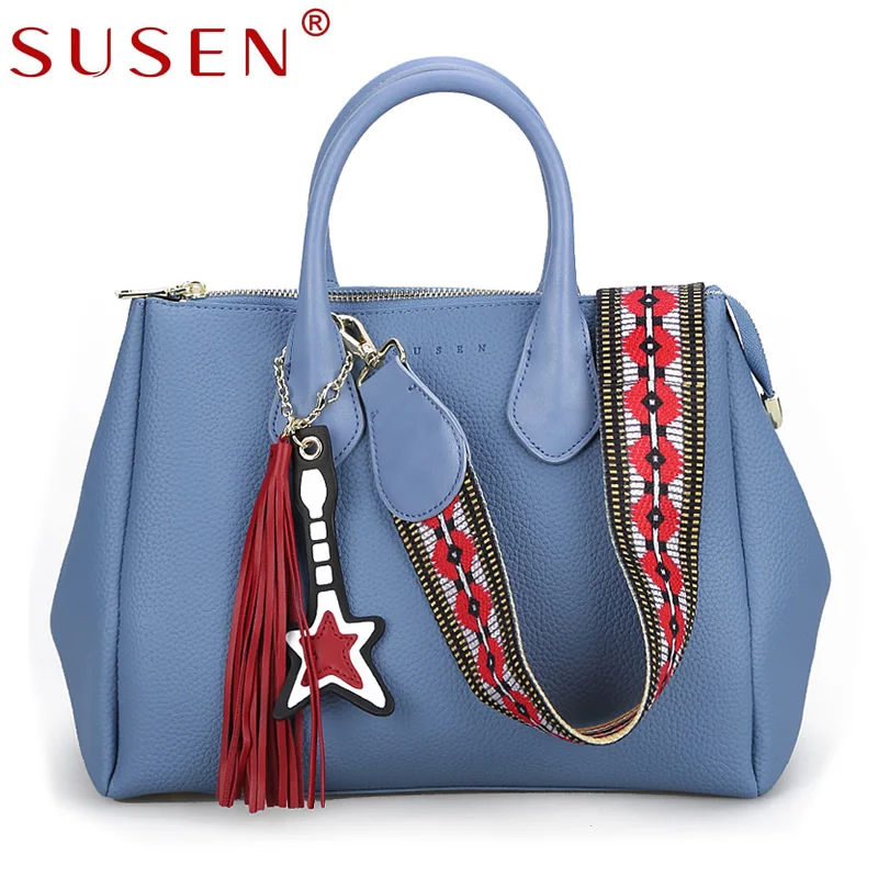 SUSEN Women saffiano leather tote bags female fashion famous brand handbags color shoulder strap