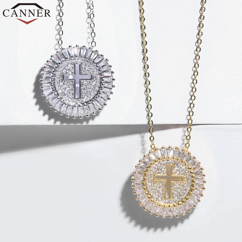 CANNER Fashion Cubic Zirconia Cross Necklace Gold Silver Round Pendant Necklace Choker Chain Necklace Women Jewelry collier FI
