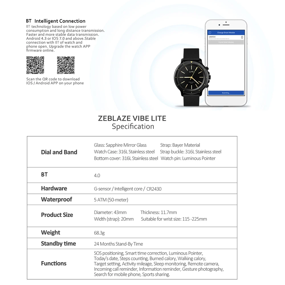 Стекло zelbase VIBE LITE 5ATM Водонепроницаемый SOS Smartwatch 24 месяцев в режиме ожидания любых погодных условиях и мониторинга для IOS и Android Смарт часы Для мужчин