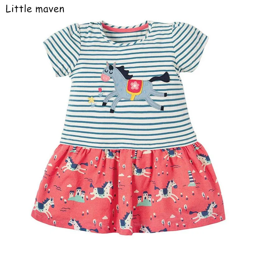 

Little maven 2019 new summer baby girls clothes brand dress kids cotton striped horse print short sleeve dresses S0487