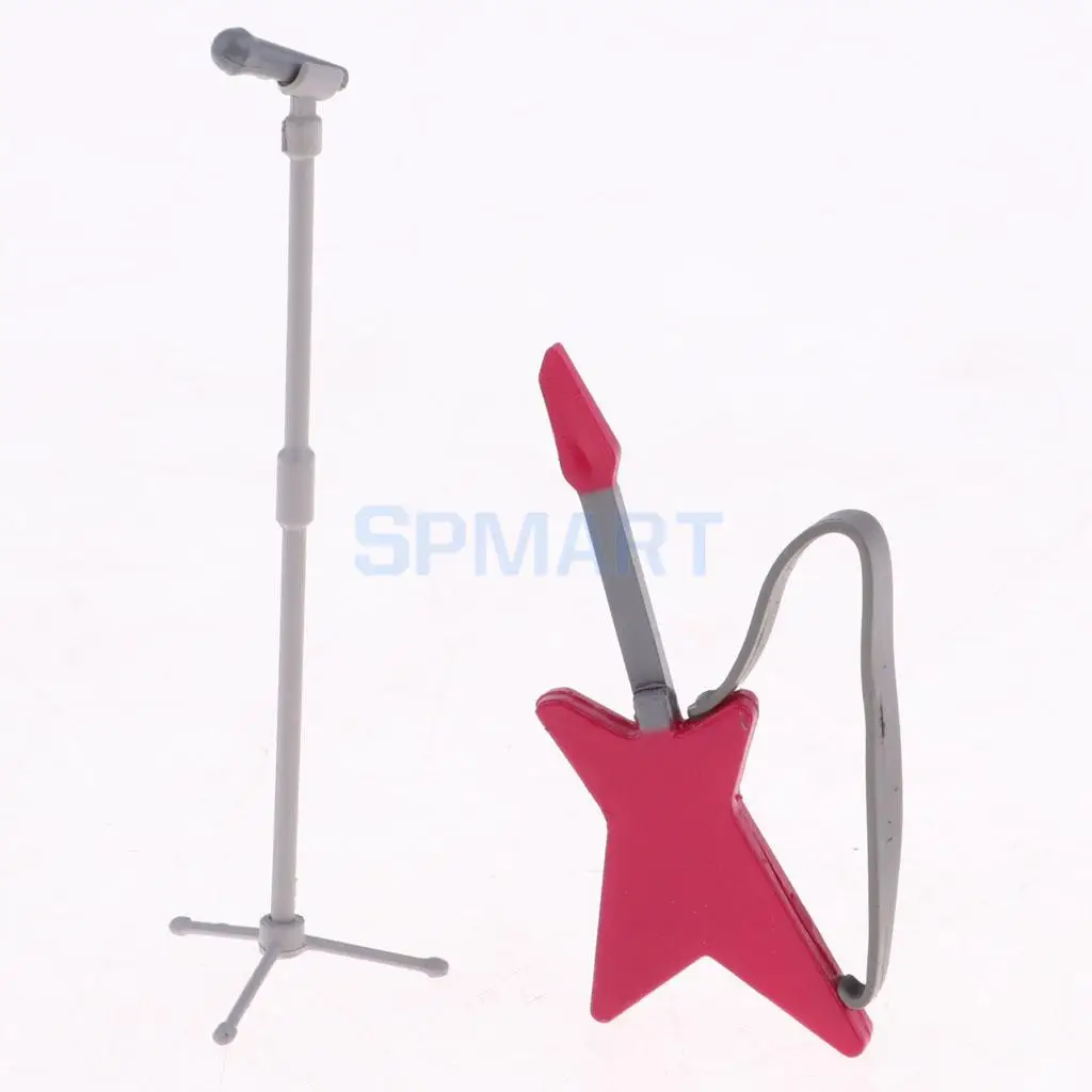 Dollhouse Miniature Guitar Microphone Model Set Vocal Concert Scenes Decor Kids Pretend Play Mini Figures Accessories