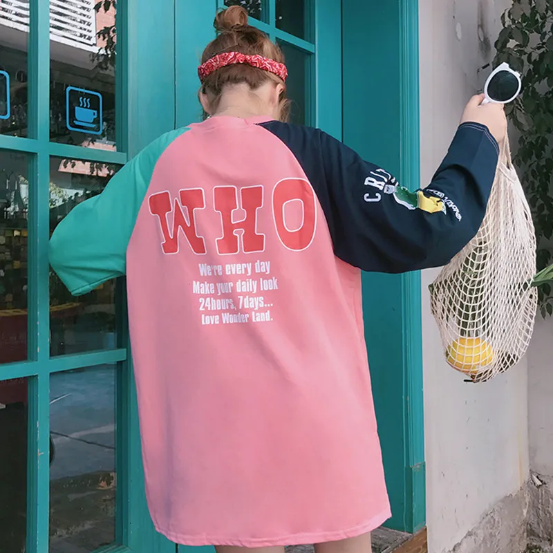

Polera Mujer 2019 Autumn Woman Clothes Korean Style Ulzzang Harajuku Letter Print Patchwork T shirt Women Casual Full Lenth Tops