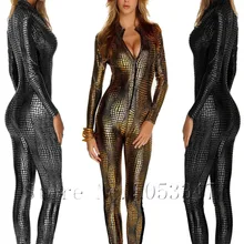 Women Sexy Metal Snake Skin Faux Leather Zipper Front Bandage Jumpsuit Bodysuit Latex Catsuit Overall Catwoman Nightclub Costume