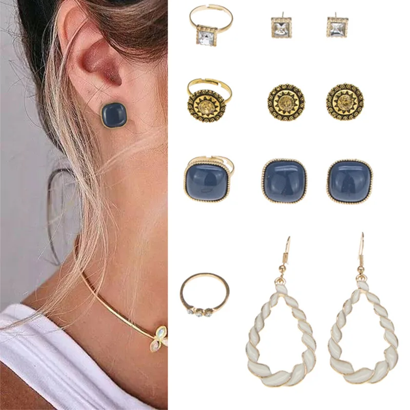 

GB Summer 12 Pieces Jewelry Set Twist Water Drop Earrings 4 Sets Rings Earrings Set Women Gem Stone Zircon Earrings Rings Set