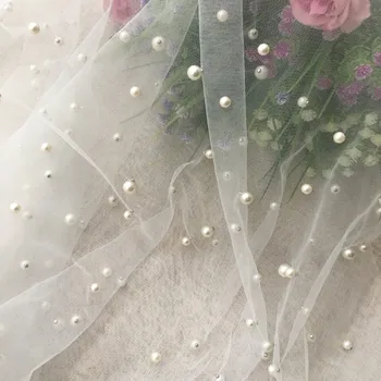 

GLace 1Y/Lot Big samll nail Beaded White mesh fabric for wedding dress veil DIY transparent dress fabric TX1519