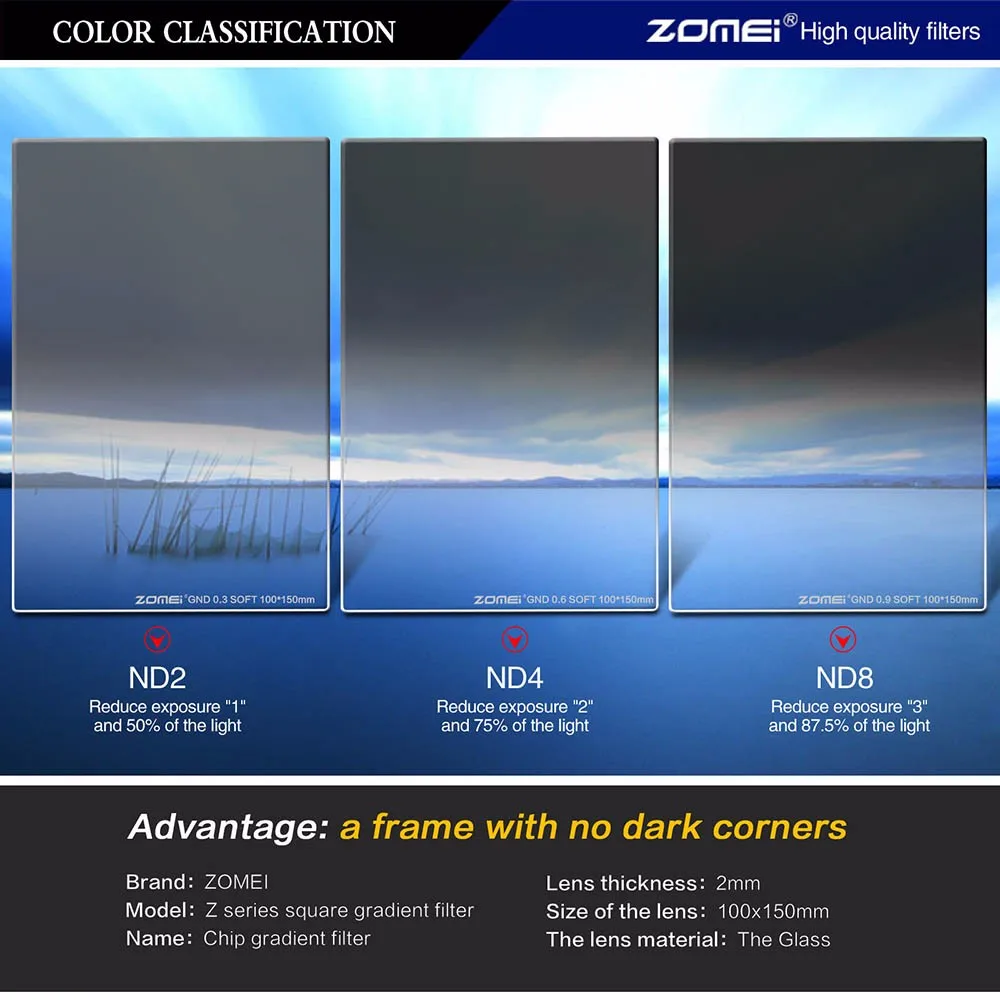 Zomei Pro 100 мм град мягкие ND2 ND4 ND8 Квадратный оптический фильтр Стекло окончил нейтральной плотности Серый нейтральный фильтр для cokin Z 100x150 мм