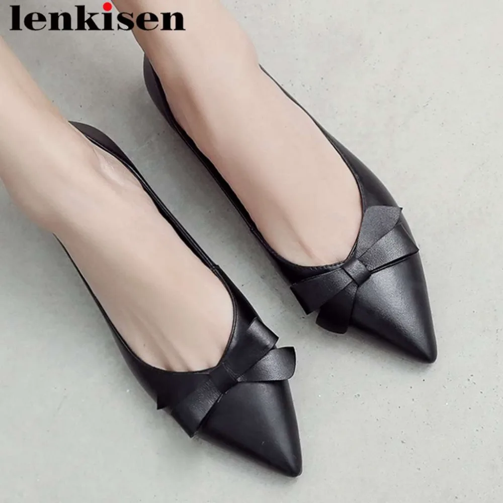

2019 office lady dress shoes slip on cow leather low heels slip on oxford pointed toe butterfly-knot vocation ballet shoes L80