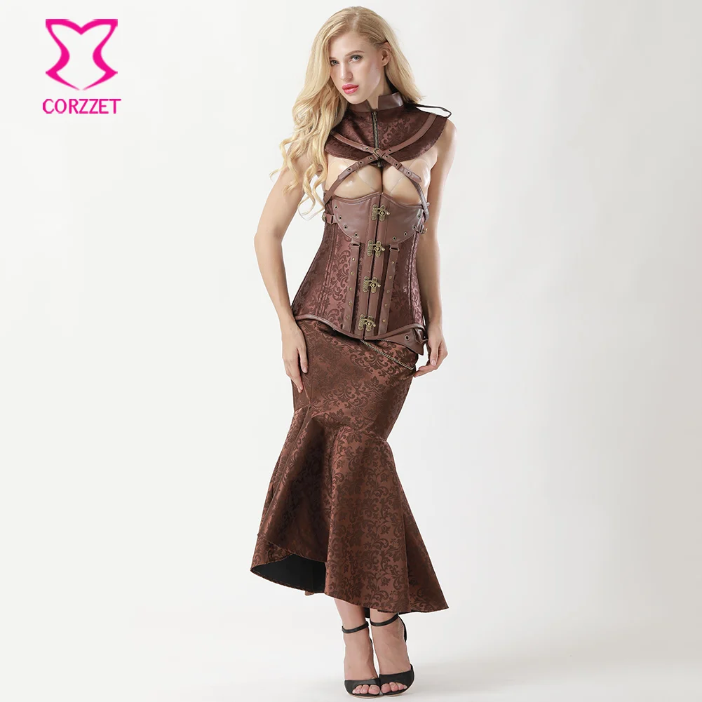 Alta Gótico Para Brown Bolsillo 6xl Trompetas Mujeres Vintage Cuero Faldas Falda Larga De Steampunk Las Brocado Cintura Sirena Victoriano Y Cinturón xAUqBZ8wU