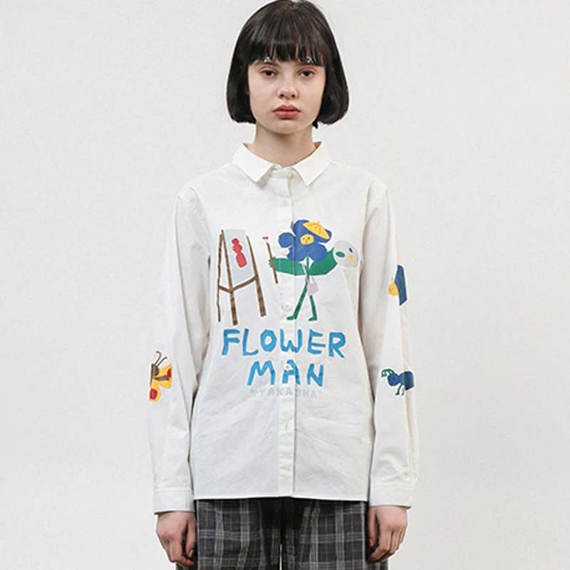 

Pretty Women Spring Blouse Long Sleeve Femme Loose Blouses Cotton White Shirt Tops Turn-down Collar Cartoon Print Chic