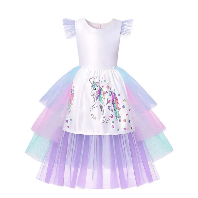 Unicorn Dress 1 Детская одежда для дня рождения с единорогом; платье с единорогом для девочек; радужные многослойные платья с рукавами-крылышками; маскарадные костюмы принцессы для малышей - Цвет: Unicorn Dress 1