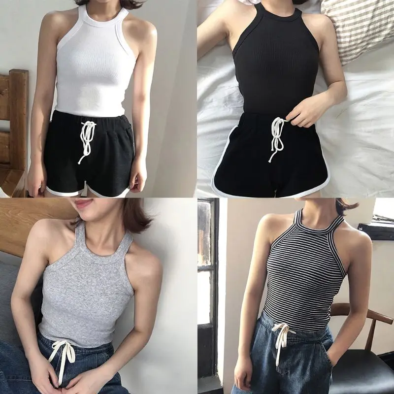 

Womens Summer Tank Tops Sleeveless Halter Round Neck Vintage Striped Thread Ribbed Knitted Camisole Basic Sports Tight Slim Vest