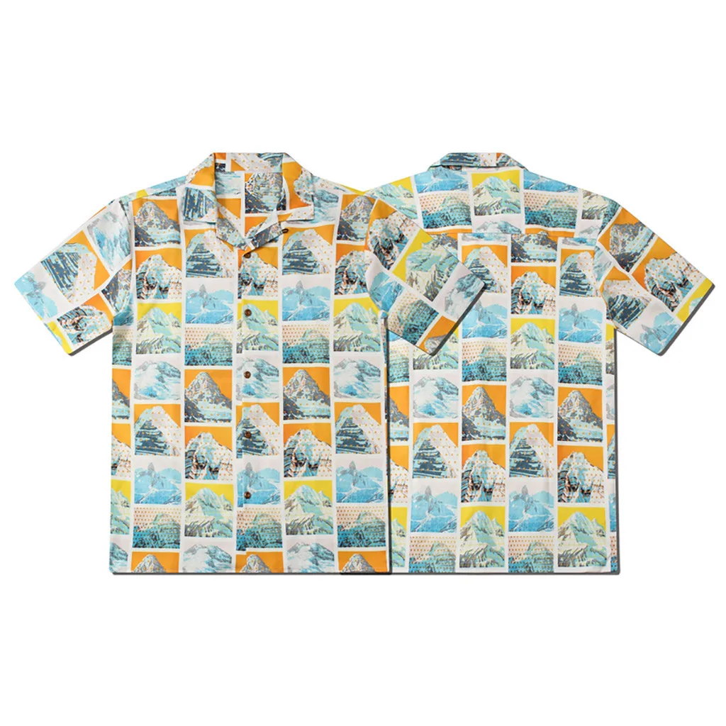 Гавайская Мужская рубашка Летняя с коротким рукавом мужская рубашка Camisa с отворотом Снежная горная Печать Блузка Топ уличная Camisa masculina